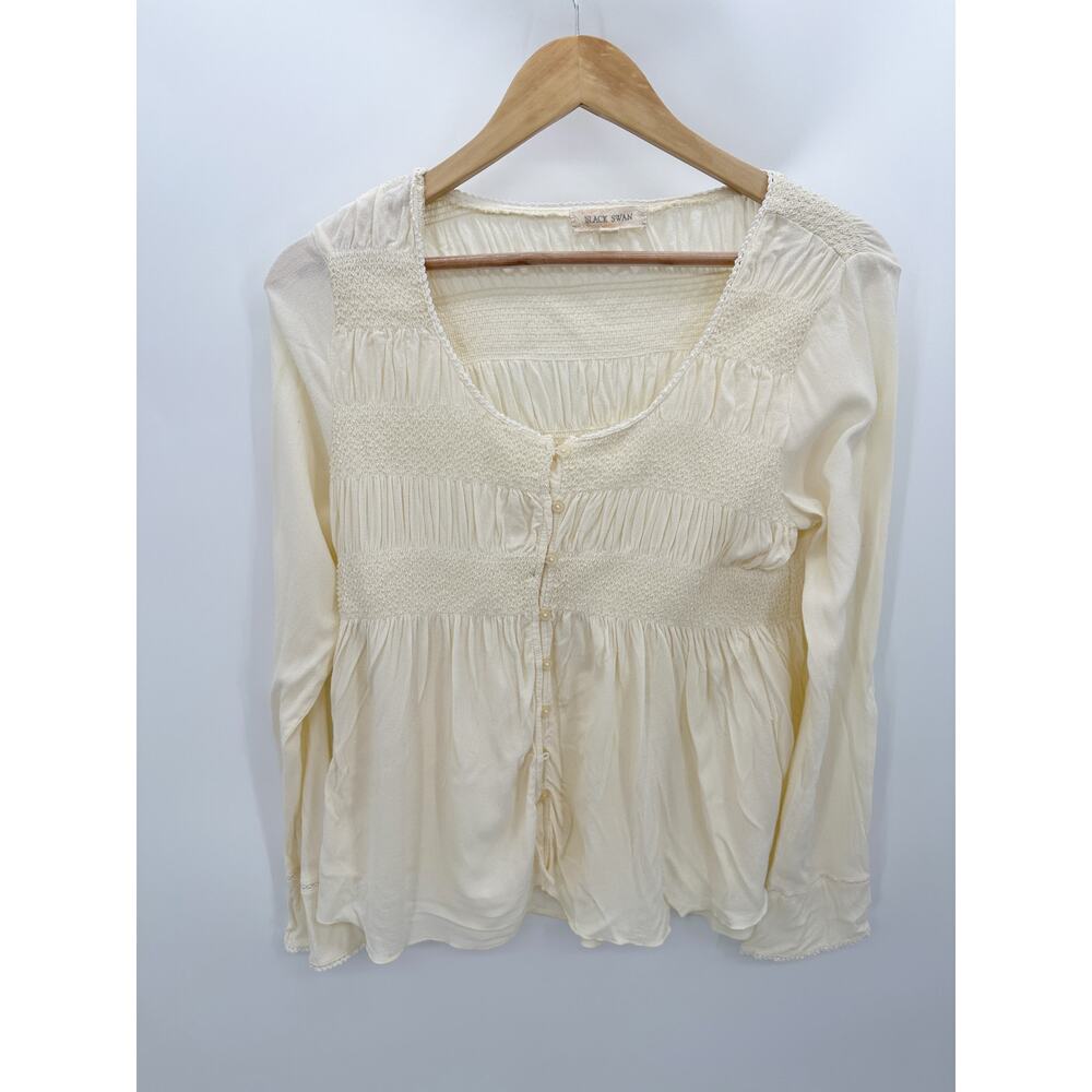Anthro Black Swan Womens Cream Babydoll Top Size M Button Front Boho Smocked